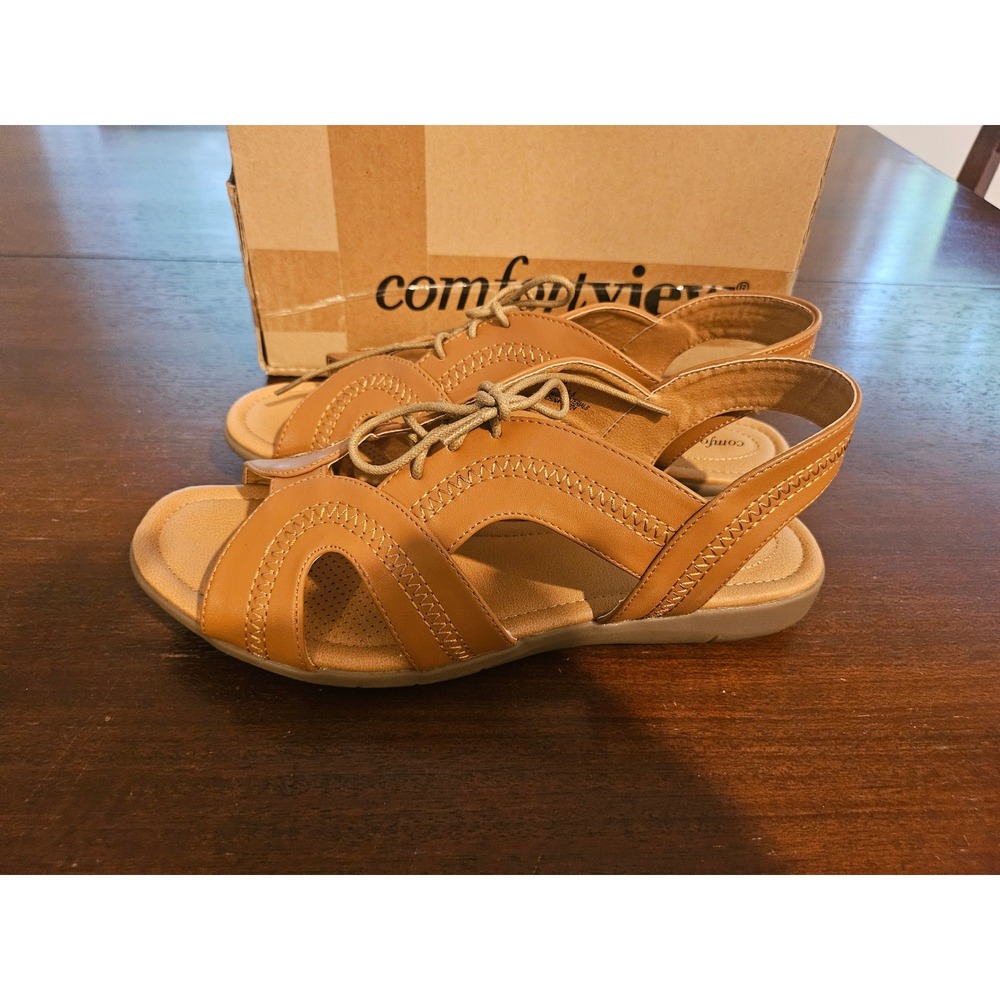 Comfortview Sandals Womens 10M Tan Lace Up Slingback Flat Comfort Shoes